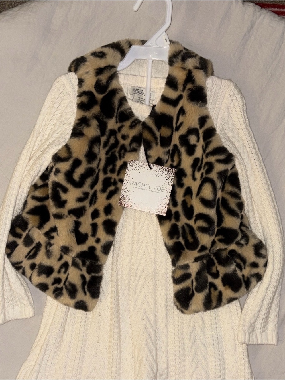 Kids Rachel Zoe Long Sleeve Dress w/ Leopard Faux-Fur Vest in Tan and Black